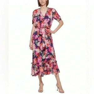 Calvin Klein Floral-Print Belted MIDI Dress